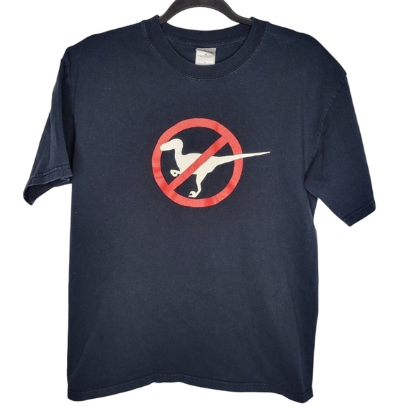 Vintage Y2K No Raptor Dinosaur Graphic T-Shirt in Black Red Size Medium - Picture 1 of 5